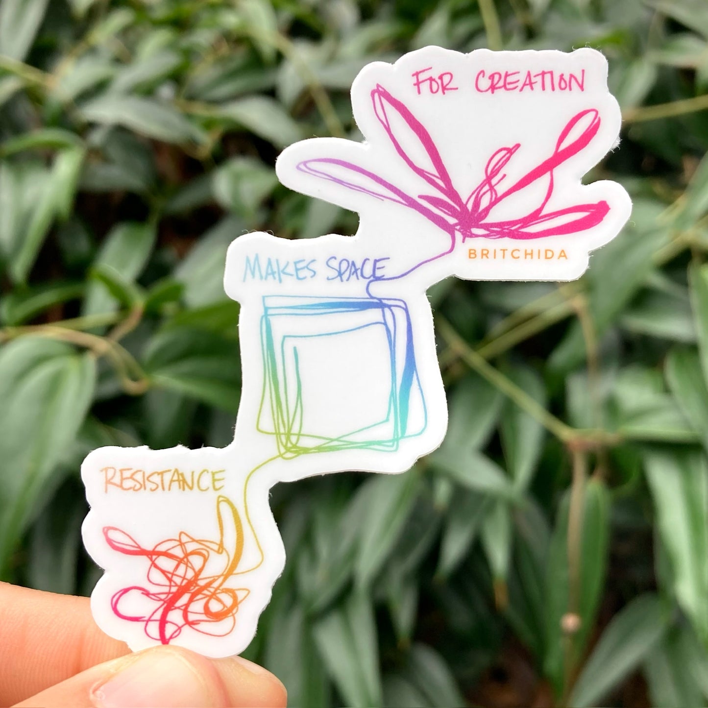 sticker of Resistance Makes Space for Creation - Rainbow Version with connecting line in a cluster then a square and then a firework shape at the top with the text "resistance makes space for creation"