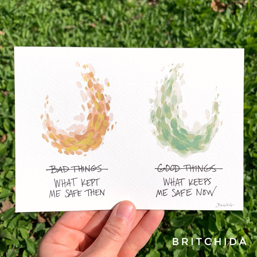 two swooping shapes made up of many small dabs of paint. The first one is yellow and the second is green. They are first labeled “good things” and “bad things” but these are crossed out. They are relabeled “what kept me safe then” and “what keeps me safe now.”