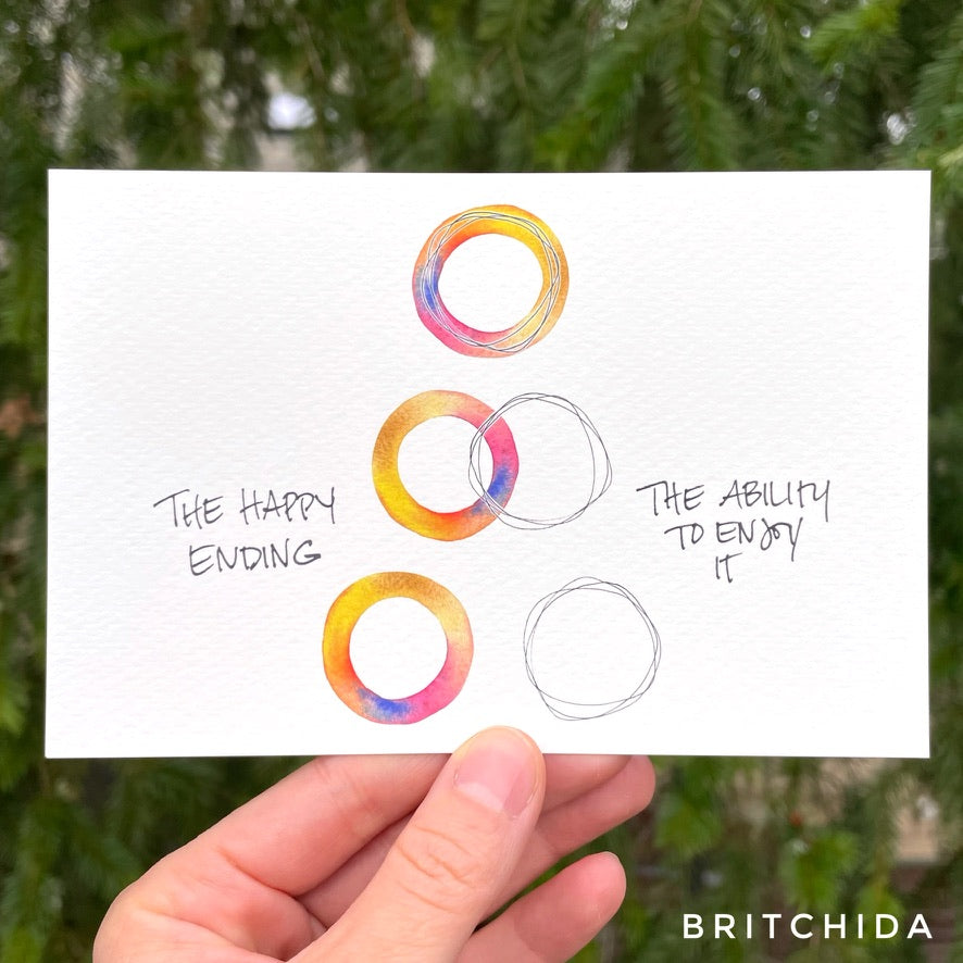a rainbow ring and an ink ring appear in sets three times: at the bottom they are separate, in the middle they partially overlap and at the top there are superimposed. The rainbow is labeled “the happy ending” and the ink is “the ability to enjoy it.”