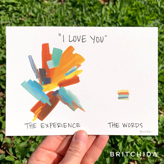 art with exploding colors labeled the experience and those same colors laid out in small lines labeled the words
