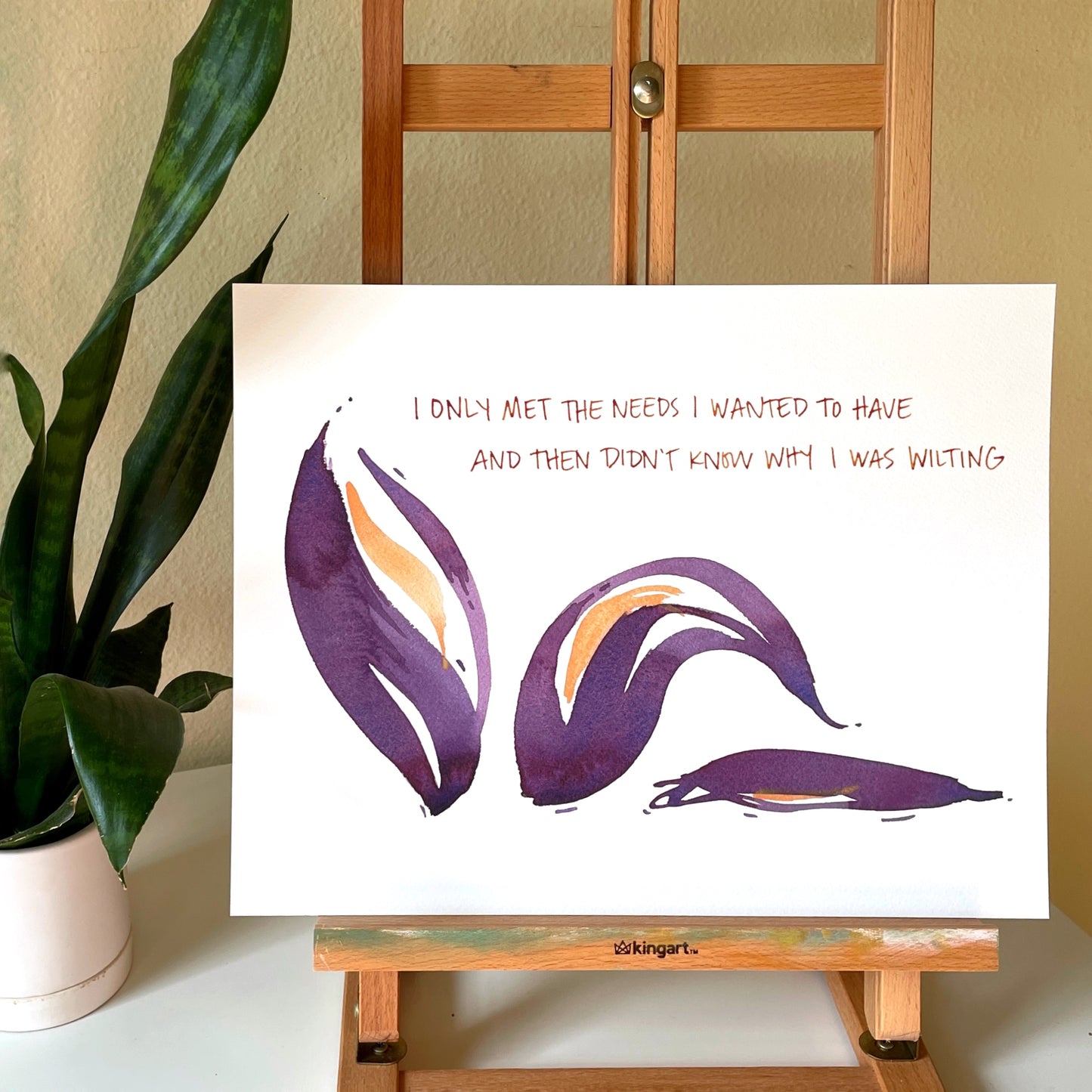 Text, “I only met the needs I wanted to have / and then didn’t know why I was wilting.” is written below three purple abstract floral shapes that wilt from upright to lying flat.