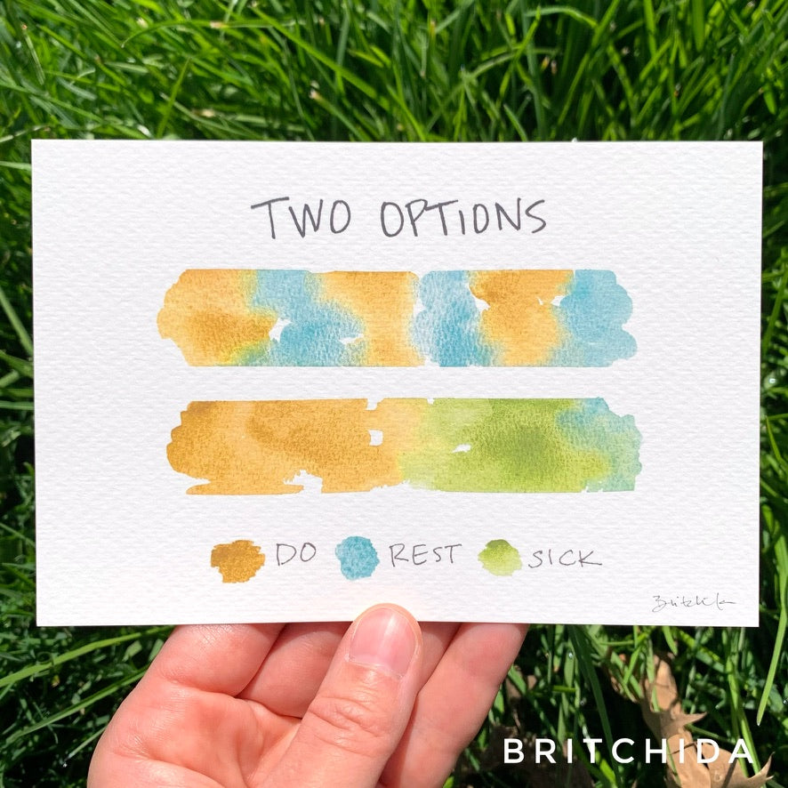 Two horizontal bars painted in watercolor. One is yellow and blue and alternating sections. The second one is half yellow and then half green. The yellow is labeled “Do,” the blue is labeled “Rest,” and the green is labeled “Sick.” The second frame is a process video of painting it.