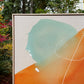close up photo of original painting by britchida showing blue, orange, and white shapes and lines and upper right corner of canvas and frame