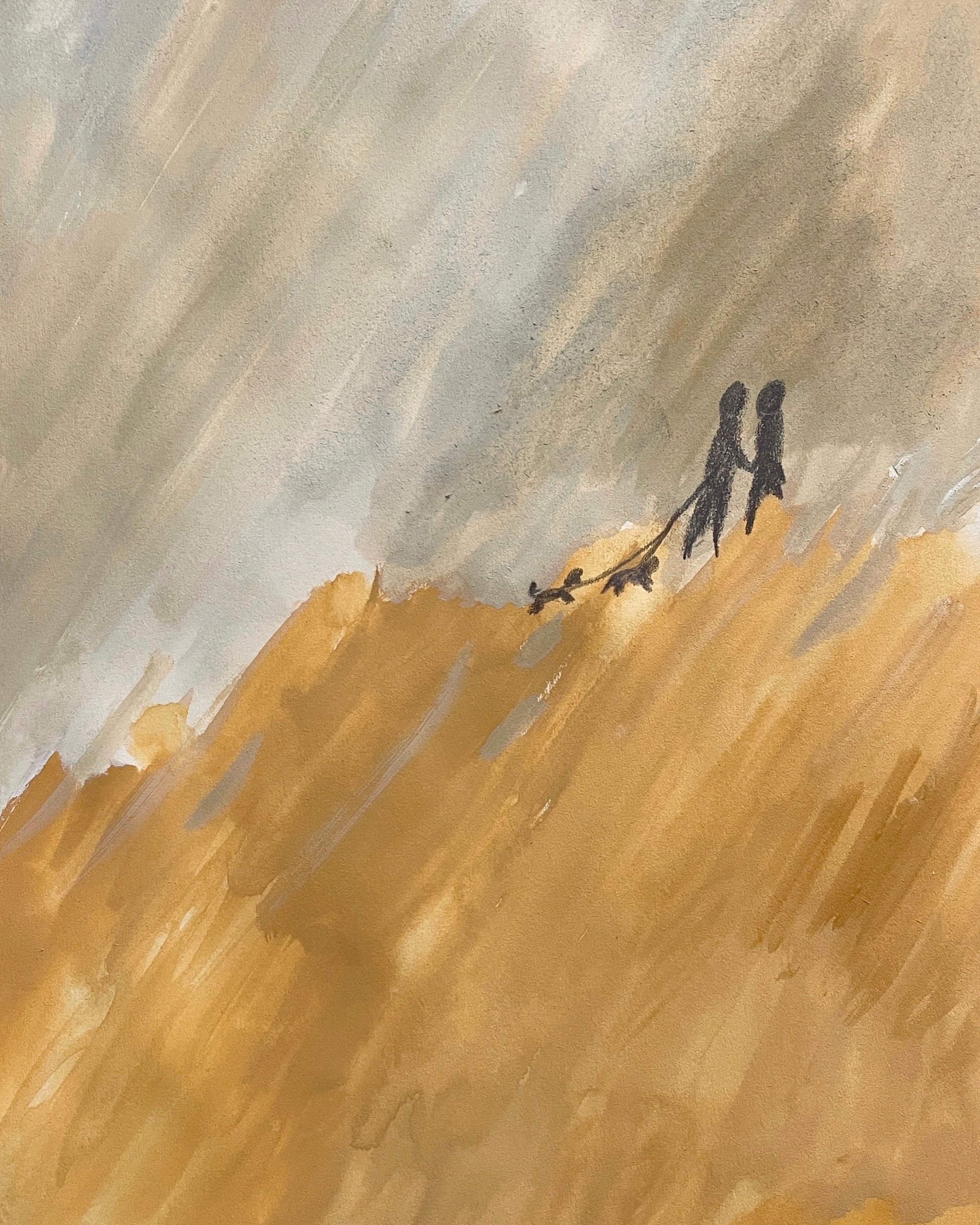 A gouache painting in muted ochres and grays of two figures with two dogs on leashes walking up a sloped hill.