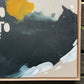 close up photo of original painting by britchida showing tan canvas with white, yellow and navy shapes 