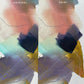 split comparison of original (left) and print (right) of abstract painting by britchida with yellow, teal, peach, navy, and lilac shapes with various thin lines