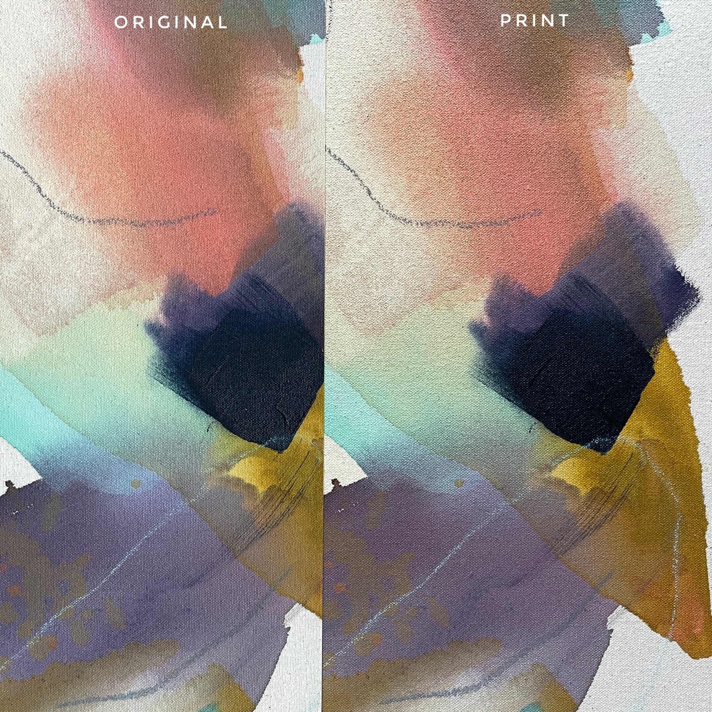 split comparison of original (left) and print (right) of abstract painting by britchida with yellow, teal, peach, navy, and lilac shapes with various thin lines