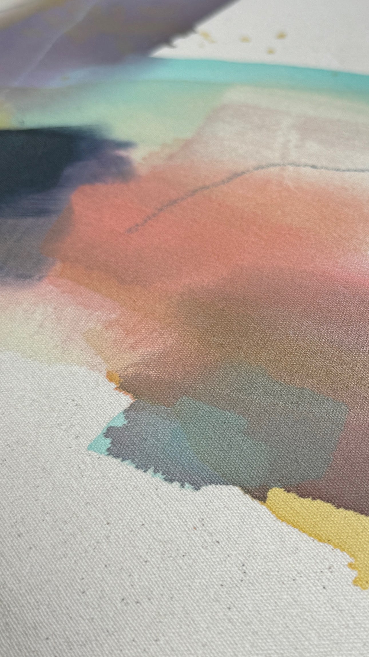 close up of print of abstract painting by britchida with yellow, teal, peach, navy, and lilac shapes with various thin lines