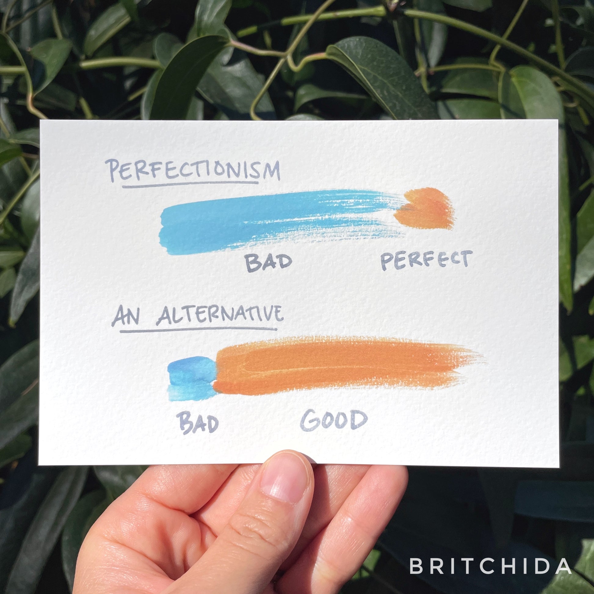 A long blue mark with a small orange one at the end, with the blue labeled "bad" and the orange "perfect. This whole part is labeled "perfectionism."&nbsp; Below that is a section labeled "an alternative" with a small blue mark labeled "bad" and a long orange mark labeled "good"