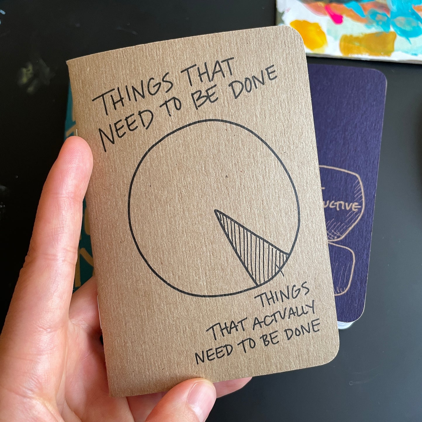 hand holding tan notebook with a pie chart drawing with the larger space indicated as "THINGS THAT NEED TO BE DONE" and the smaller shaded piece labeled "THINGS THAT ACTUALLY NEED TO BE DONE"