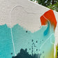 close up photo of original abstract painting by britchida with navy, teal, orange shapes and thin white lines on canvas