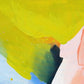 close up of abstract painting by Britchida with various shapes of lime green, blue, pink, teal, and navy with negative block letters "IMPENDING JOY" revealing raw canvas underneath