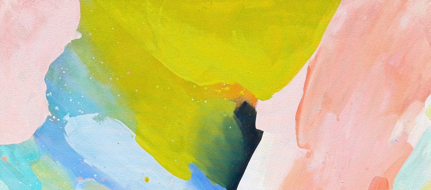 close up of abstract painting by Britchida with various shapes of lime green, blue, pink, teal, and navy with negative block letters "IMPENDING JOY" revealing raw canvas underneath