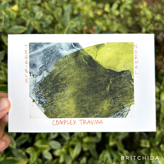 art print with overlapping washes of granulating watercolor, one deep blue-gray and the other a dark green. The gray is labeled “terrible” and the green is labeled “normal” and the overlapping section is labeled “complex trauma.”