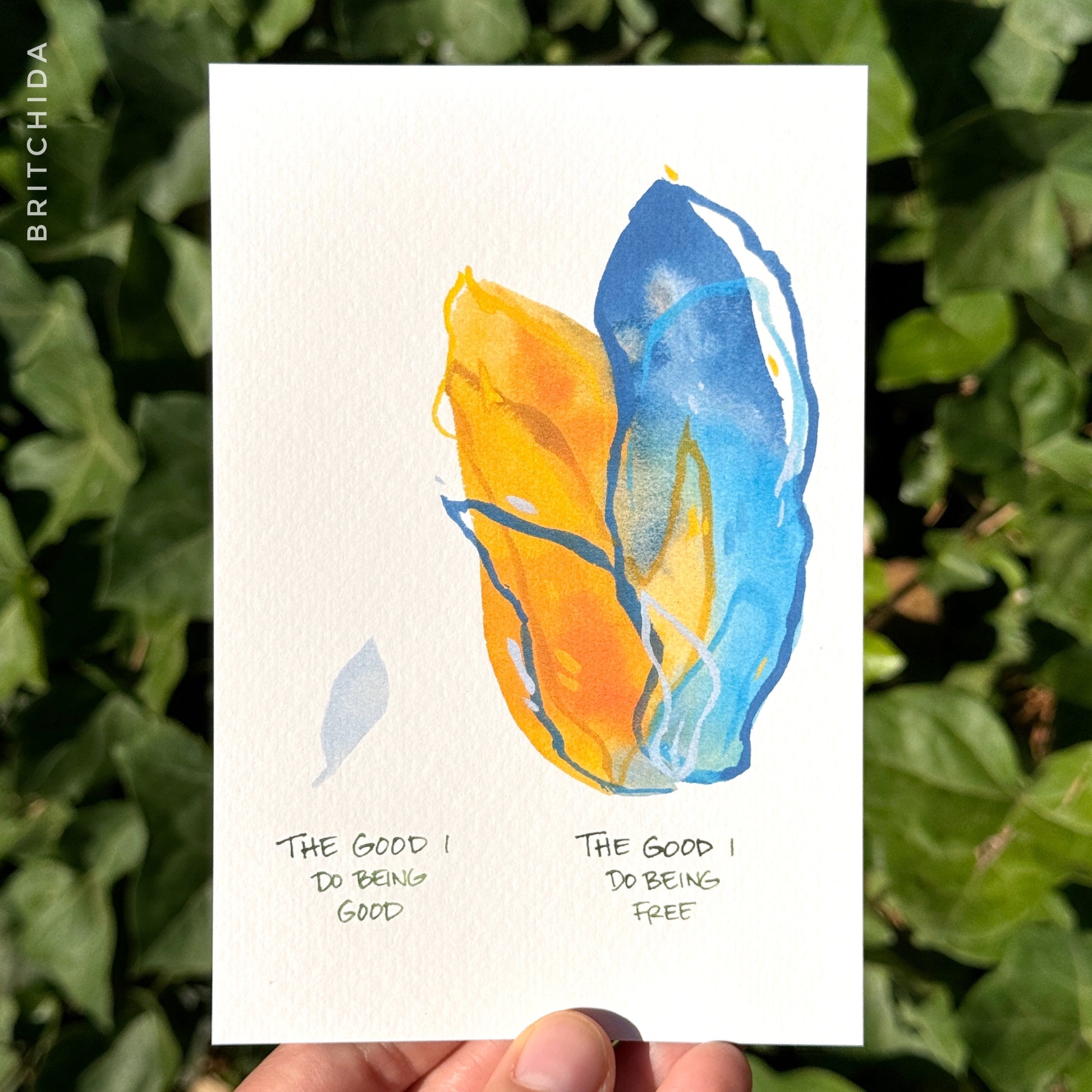 Doing Good print: a small, pale blue shape labeled “the good I do being good” next to a large colorful abstracted shape labeled “the good I do being free”.