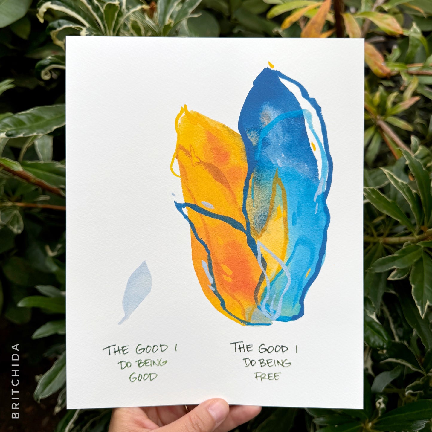 Doing Good print: a small, pale blue shape labeled “the good I do being good” next to a large colorful abstracted shape labeled “the good I do being free”.