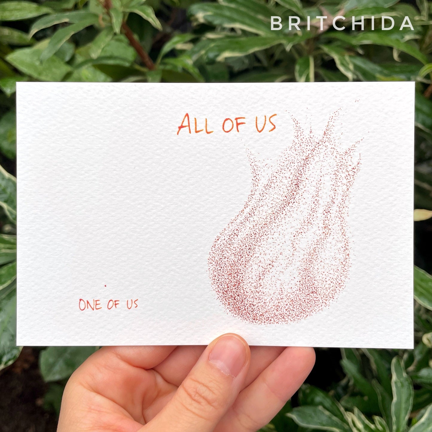 one small dot labeled “one of us” next to a flame like shape made of thousands and thousands of tiny dots labeled “all of us.”