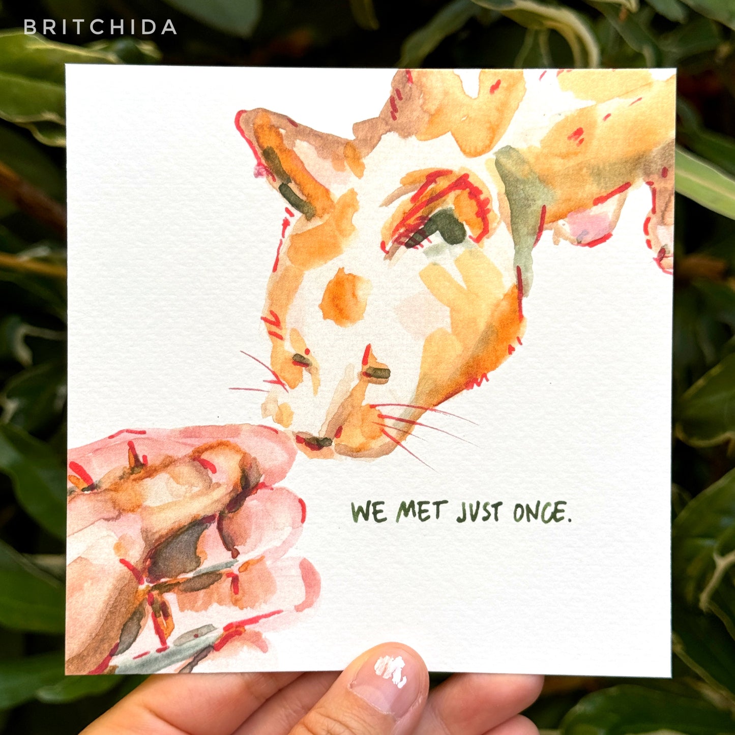 print of abstract watercolor painting of an orange yellow cat smelling the fingertips of a hand coming from the lower left corner. In the lower right corner the text reads: "WE MET JUST ONCE" in black