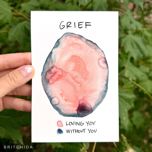 a large area of pink paint has a rim of dark blue around the edge which is blending a bit and bleeding in. At the top is the word “grief” and below the pink is labeled “loving you” and the blue “without you”