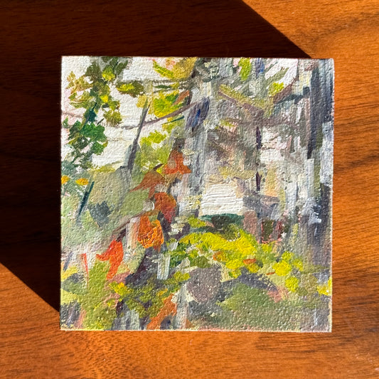 abstract painting of trees on wood with green, orange, and gray colors