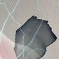 close up photo of original abstract painting by britchida with pink, tan, and gray shapes with light blue lines on canvas