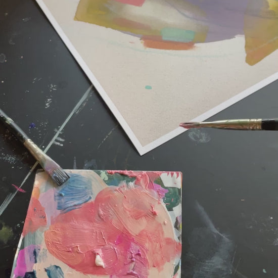 video of print of abstract painting by britchida with yellow, teal, peach, navy, and lilac shapes with various thin lines with paint palette in lower left corner