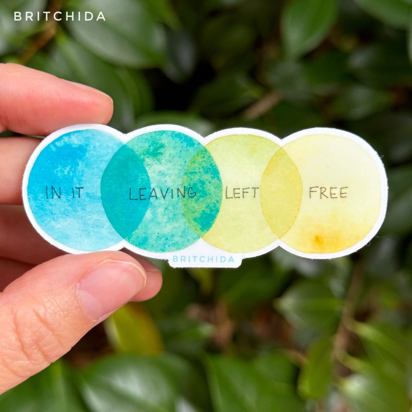 3" sticker of 4 overlapping circles in blue, green yellow with the words "in it, leaving, left, free" on each