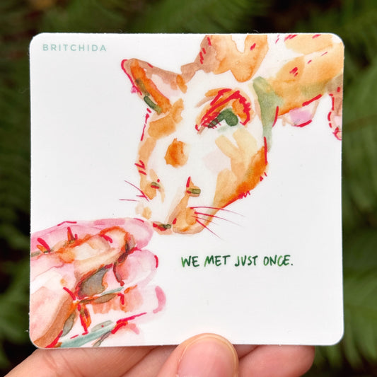 sticker of just once painting with an abstract hand in lower left corner reaching out to an orange cat in the upper right corner. Text in the lower right corner reading: "WE MET JUST ONCE"
