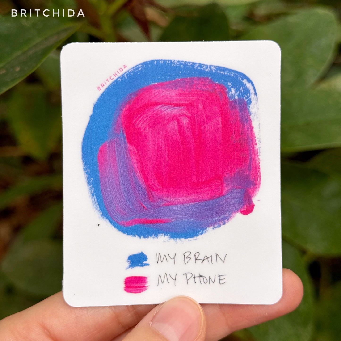 sticker of My Brain / My Phone with a pink and blue circle and the labels "my brain" for blue and "my phone" for pink