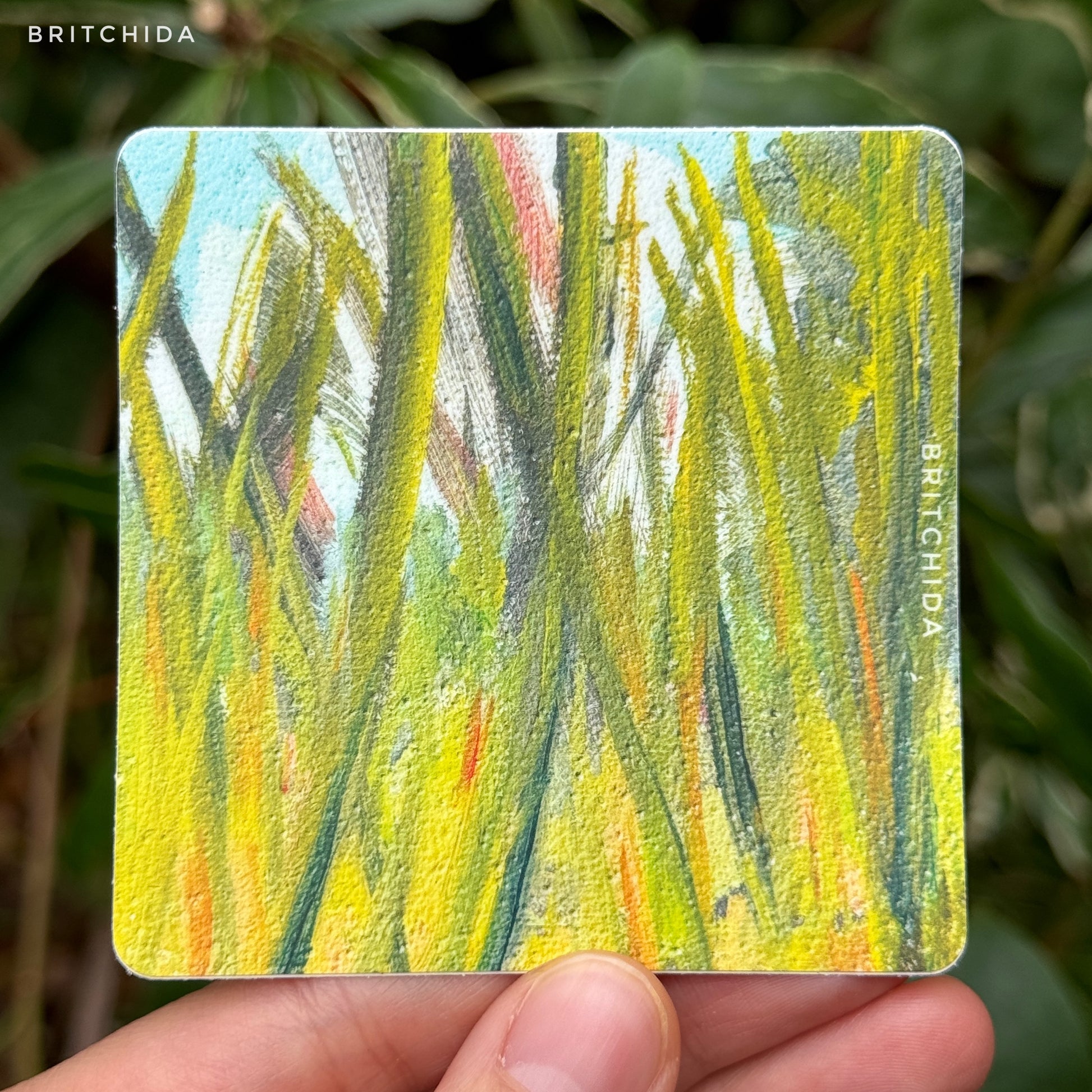 sticker of Tall Grass painting with ground level view of grass blades with blue sky in the background