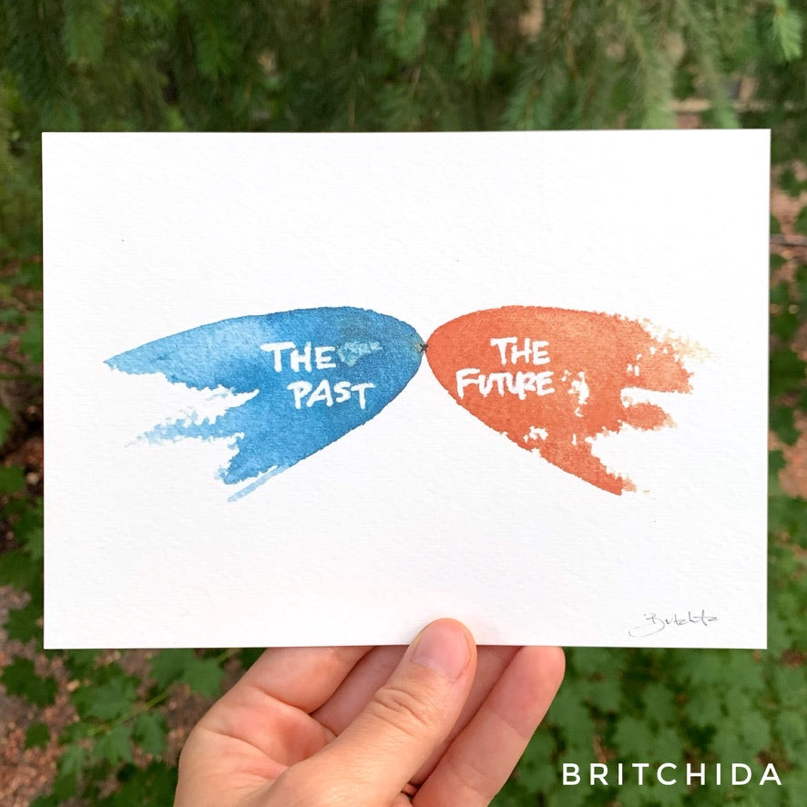 A blue swatch of paint labeled 'the past' just touching a mirror image of an orange swatch of paint labeled 'the future'