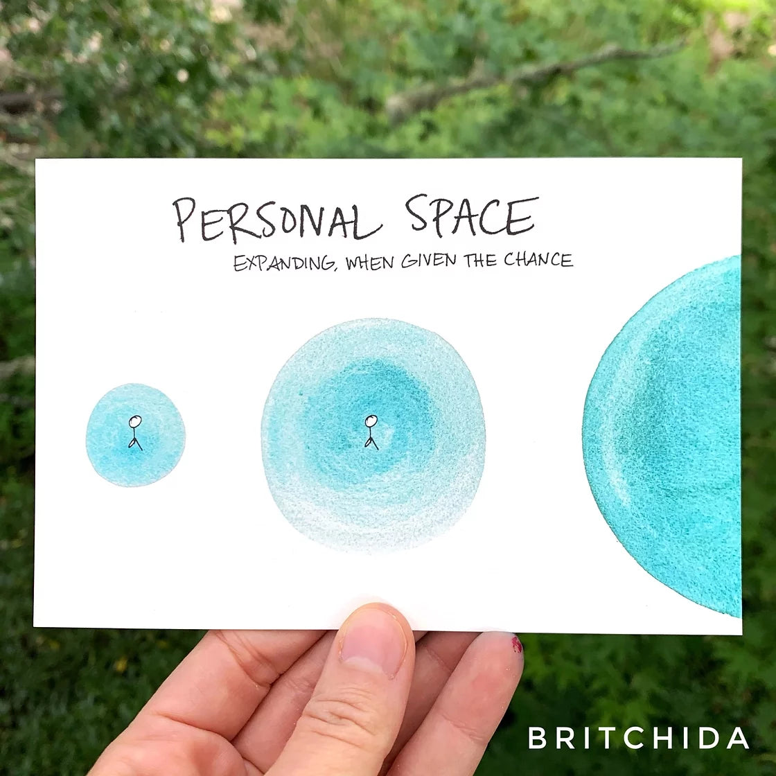 print of painting. 3 blue circles with a small stick figure in each. The circles get successively larger and the third one is so large it falls off the page. The text reads: Personal Space, expanding when given the chance.