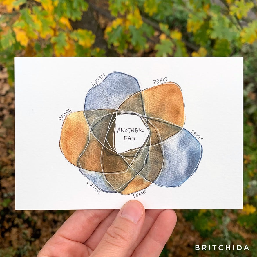 six overlapping circles. Three are blue and three are yellow -The blue ones are labeled "crisis" and the yellow ones "peace." In the center of their overlap it says "another day."