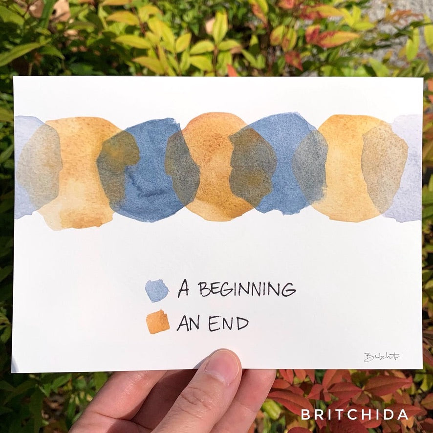 seven alternating round-ish shapes, each partially overlapping like Venn diagrams, alternating between blue and an earthy yellow/orange. The blue is labeled “a beginning” and the yellow “an end.”