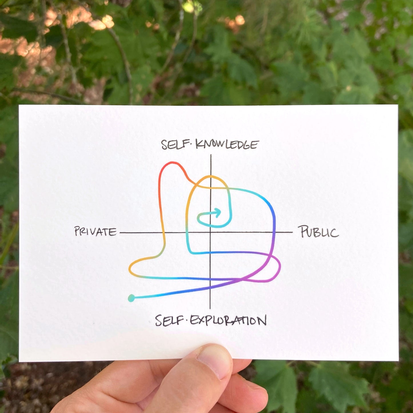 a grid. X axis labeled private to public, Y axis is self knowledge to self discovery. A rainbow colored squiggly line moves in all four quadrants.