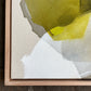 close up photo of framed original abstract painting by britchida with yellow, white, and gray shapes with thin lines on tan canvas