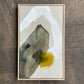 framed original abstract painting by britchida with yellow, white, peach and gray shapes with thin lines on tan canvas