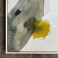 close up photo of framed original abstract painting by britchida with yellow, white, peach and gray shapes with thin lines on tan canvas