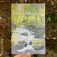 A painting of trees, and a rocky stream with text overlaid that reads: “when my body says rest, I say, how quiet?, how long?, how soft?”