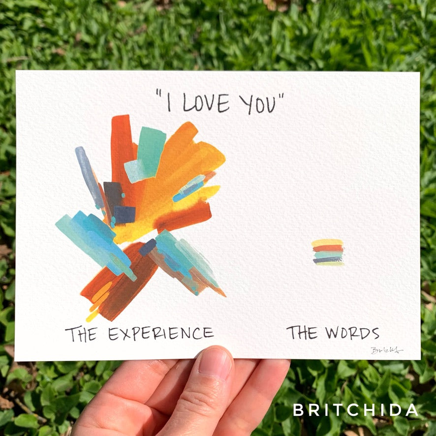 art with exploding colors labeled the experience and those same colors laid out in small lines labeled the words