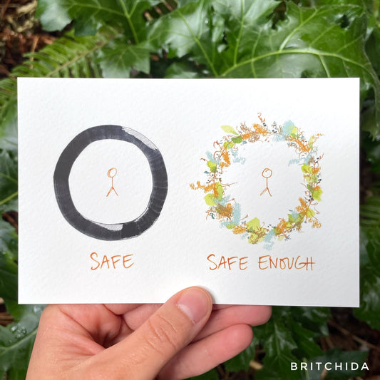 Two circles side by side with a stick figure in the center. The left circle is solid dark gray with the word "safe" written below. The right circle is made of green, orange, and blue flowers with the words “I can keep myself safe” written below