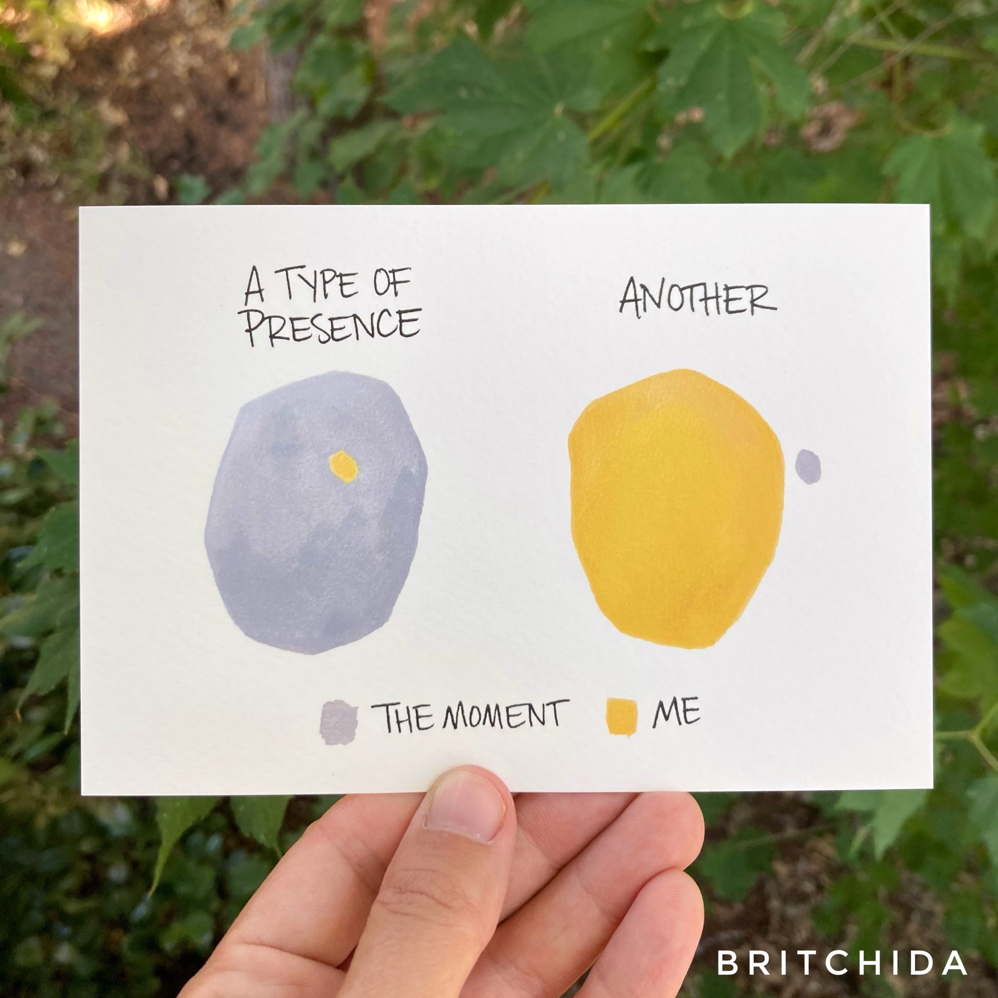 two set of shapes. The first is a large gray shape which includes a tiny yellow dot. The second is a larger yellow shape next to a tiny gray dot. The gray is labeled “the moment” and the yellow is labeled “me.” The first set of shapes is titled “A type of presence” and the second is “Another.”