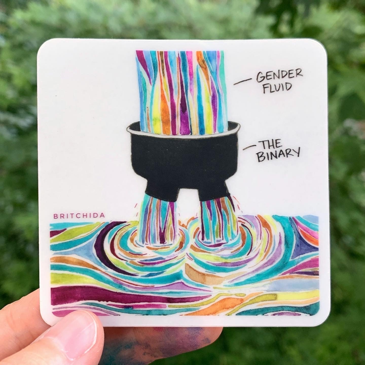 sticker of Gender Fluid print with colorful liquid through a funnel with two outpours. the liquid is labeled "gender fluid" and the funnel is labeled "the binary"